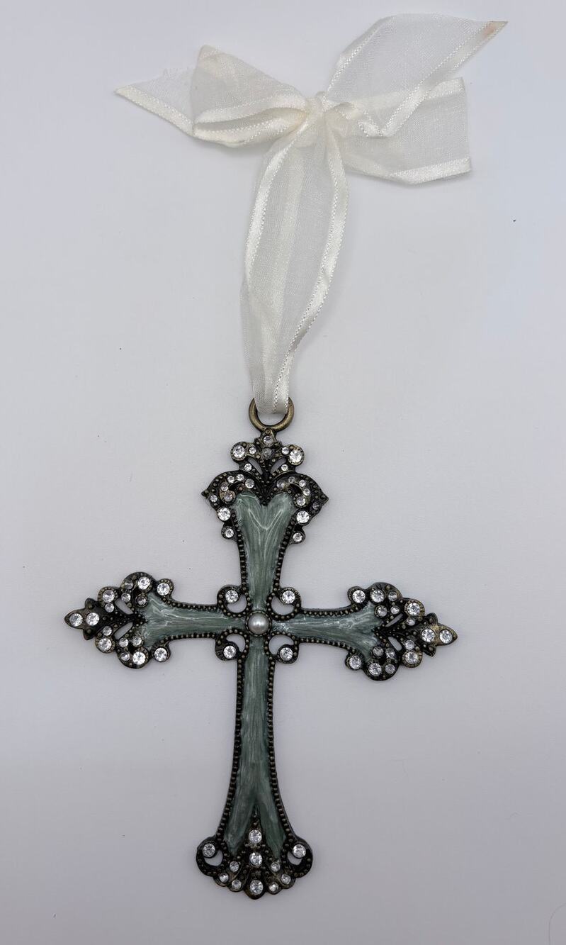Gorgeous Sage Green Enamel Cross with Rhinestone Accents and Faux Pearl Center